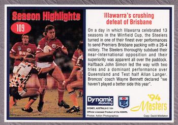 1994 Dynamic NSW Rugby League '94 Masters #109 Illawara's crushing defeat of Brisbane Back